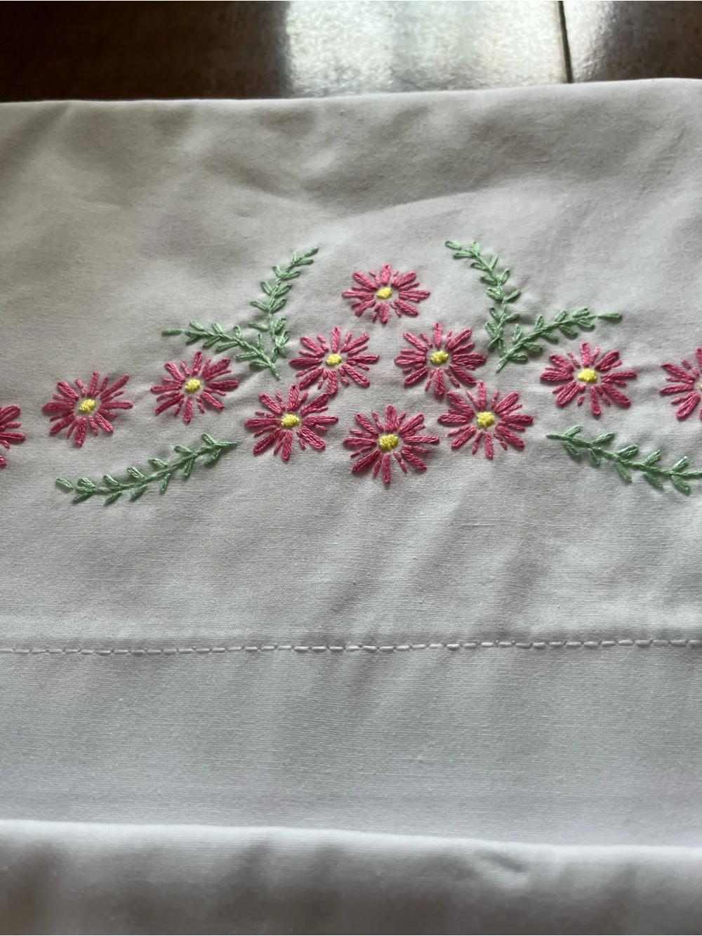 Embroidered Pink Floral White Pillowcase Set